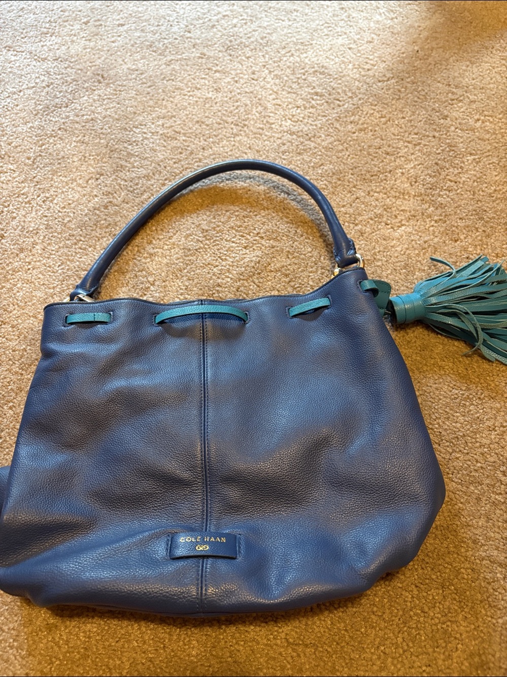 Cole Haan Navy Leather Tote with Teal Trim
